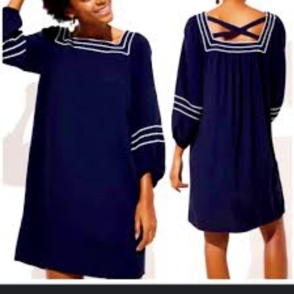 LOFT Navy Smock Dress Nautical Preppy XS Mod Twee